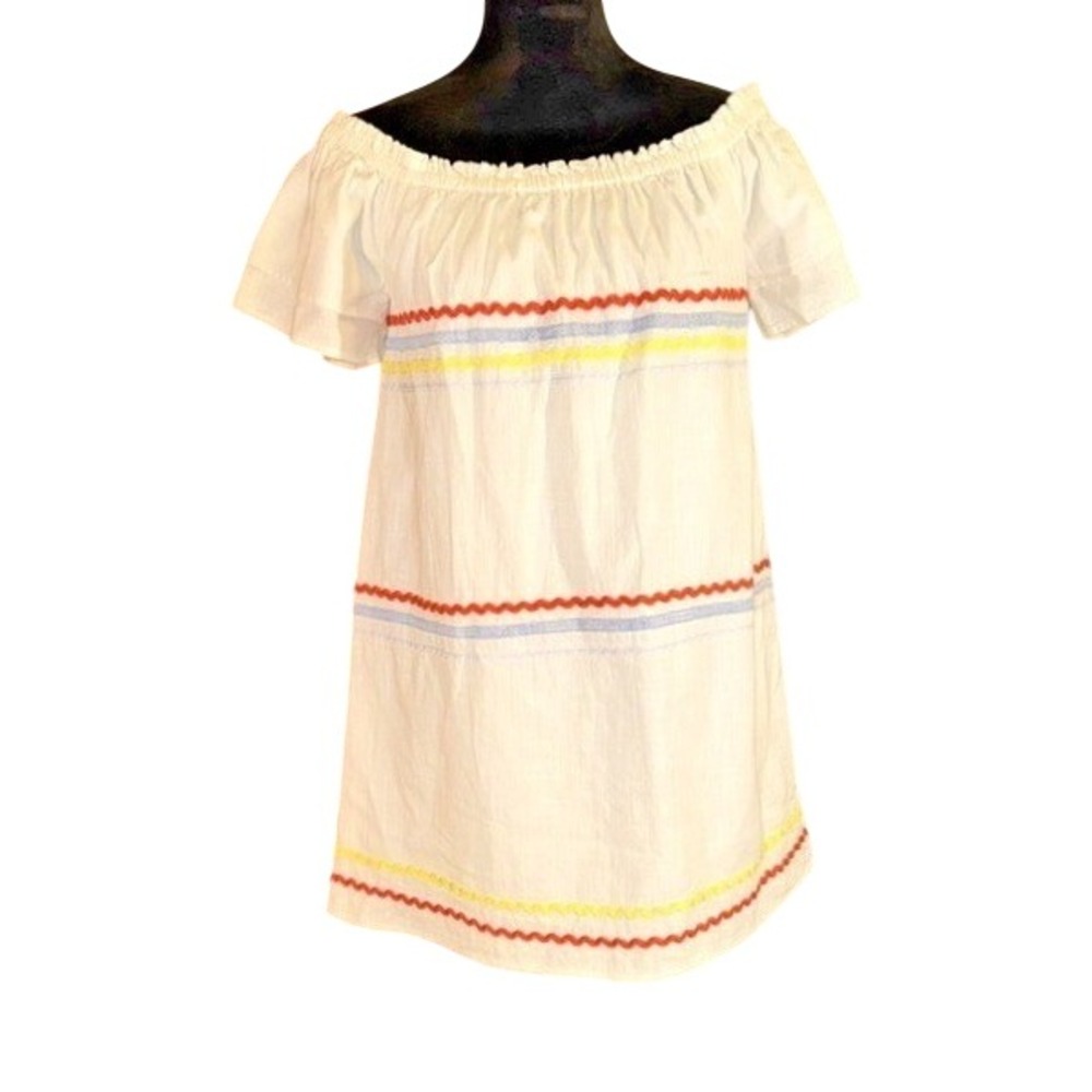 Kindle Dress Womens Small White Ric Rac Off Shoulder Mini‎ LD42376 Boho Cotton